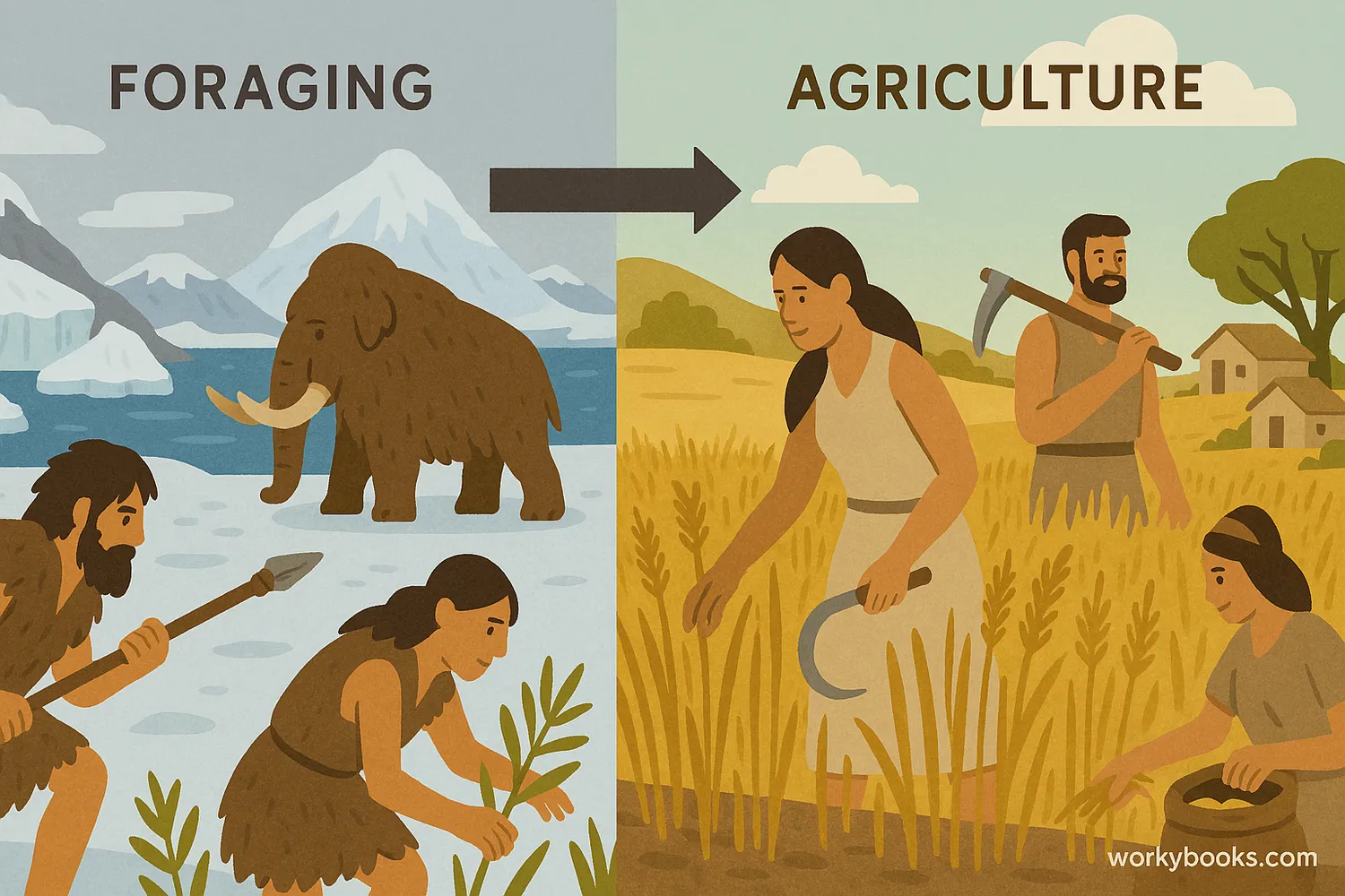 Humans shift from Ice Age foraging to farming in warmer climates with wild grains.