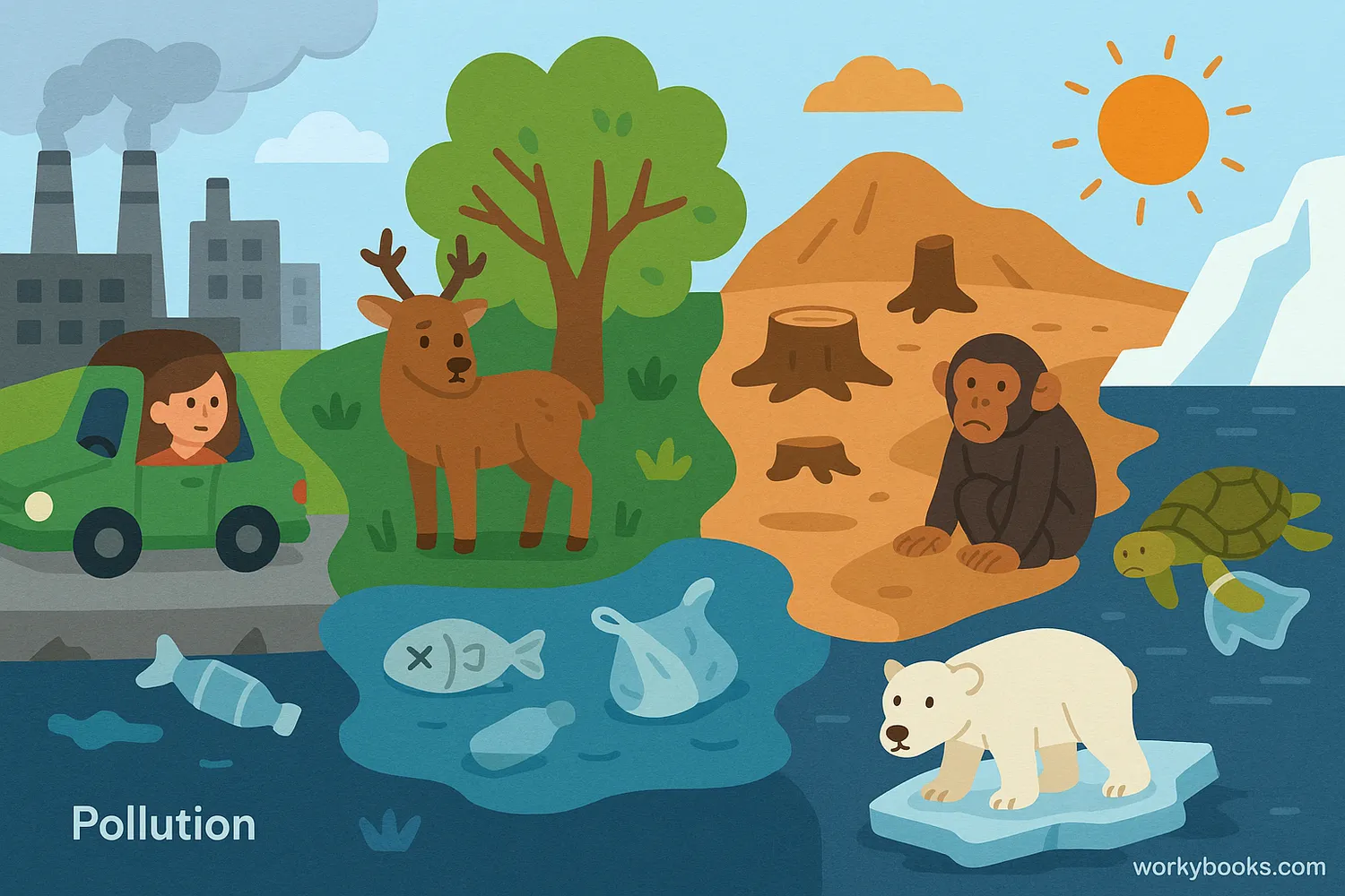 Wide scene showing pollution, deforestation, climate change, and eco-friendly actions affecting ecosystems