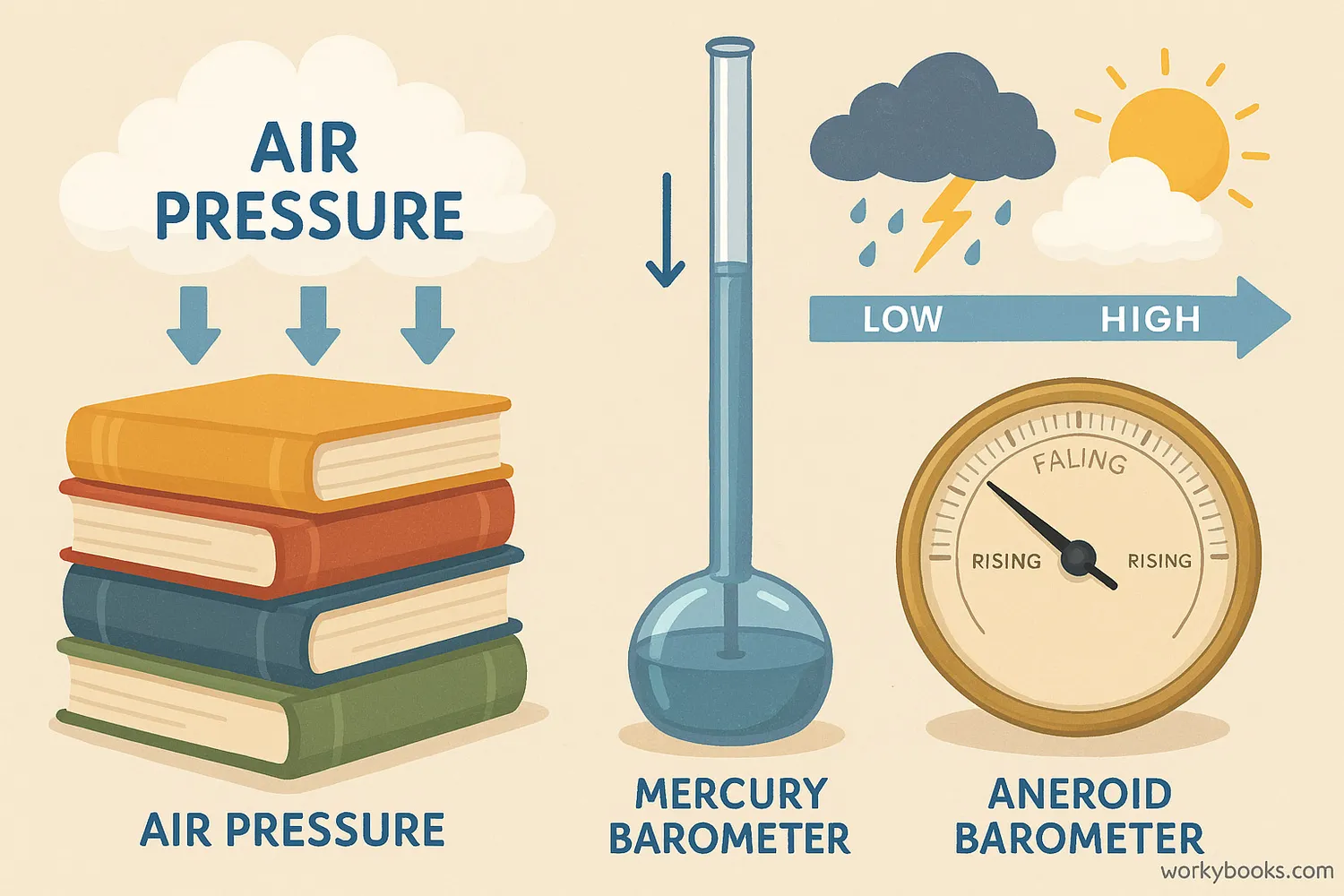 Wide illustration showing atmospheric pressure, mercury and aneroid barometers, plus weather effects. Image Caption: Barometers measure air pressure changes to forecast weather.