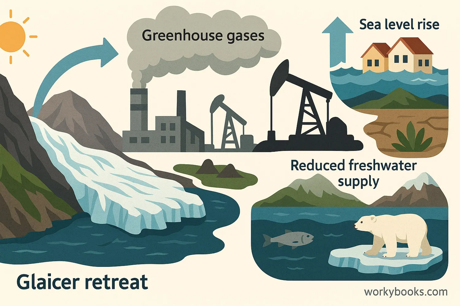 Wide illustration of glaciers melting, factories emitting gases, sea rise, water loss, polar bear stranded.