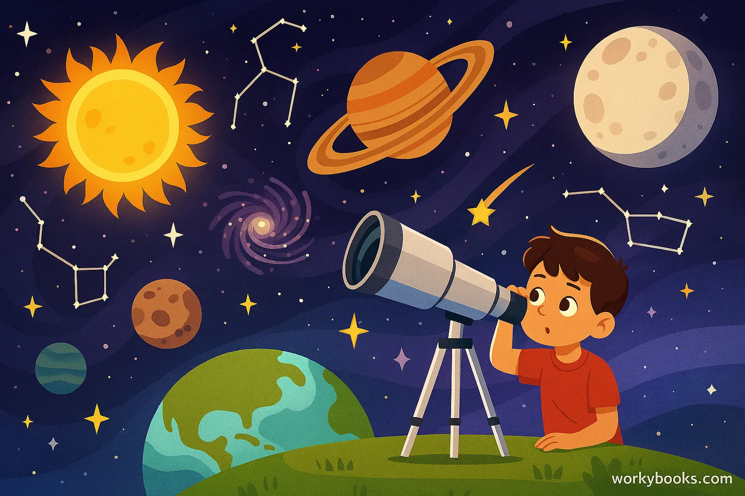 A vibrant space scene showing stars, Moon, planets, constellations, telescopes, galaxies.