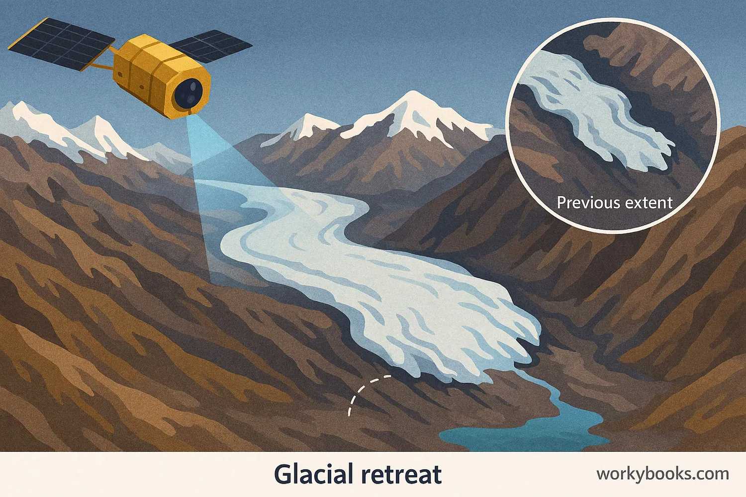 Satellite observes shrinking glacier carving through mountains, melting into rising seas.