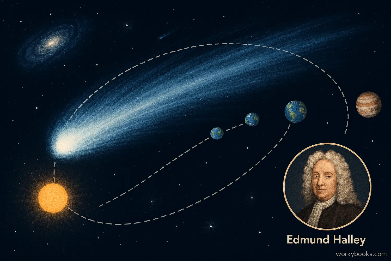 Halley’s Comet with bright coma and tail orbiting the Sun among labeled planets.