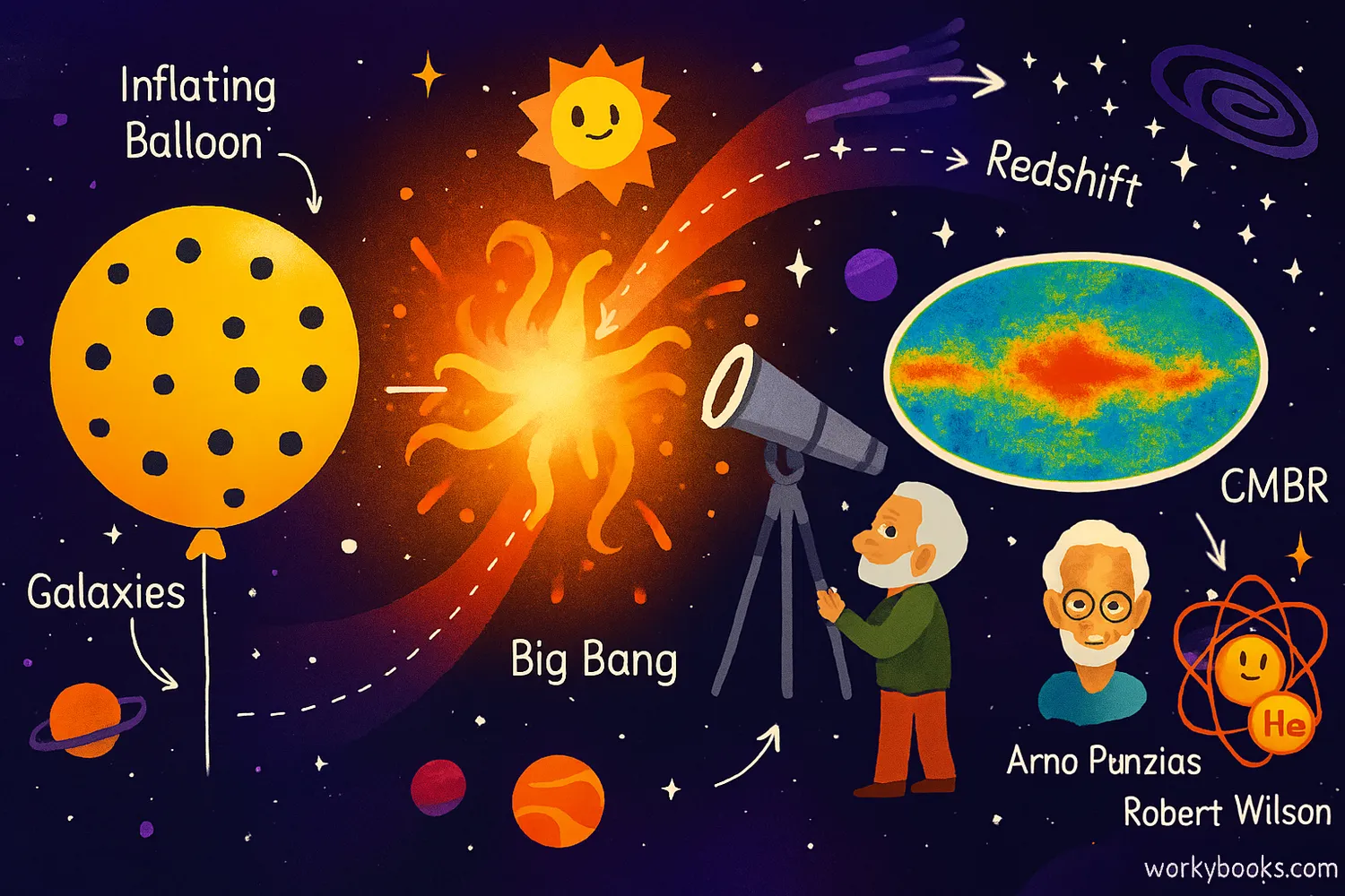 Illustration of the Big Bang expanding universe, redshift, CMBR, hydrogen and helium formation.