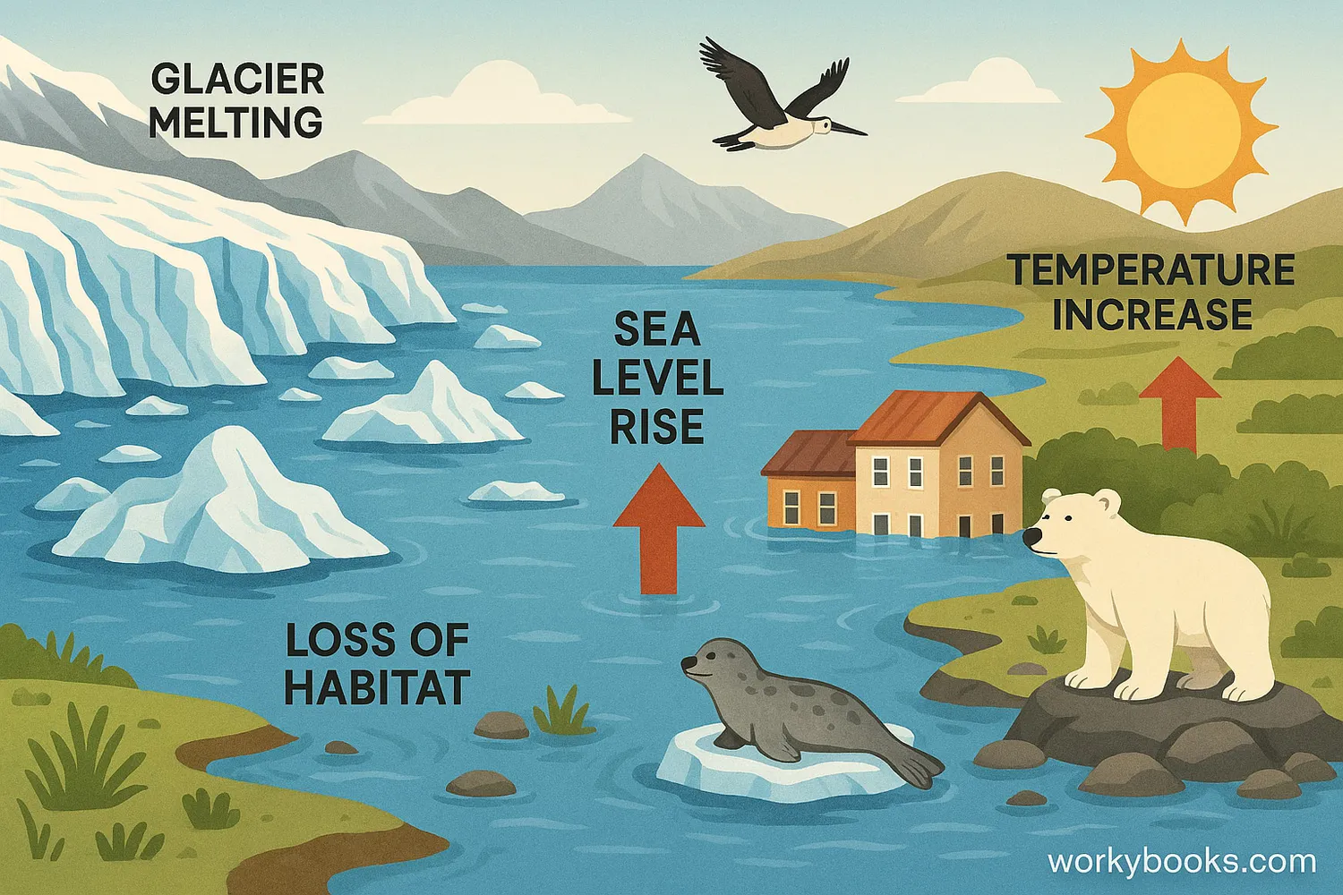 Wide scene of melting glacier, flooded coasts, struggling wildlife, and warming sun. Caption: Glacial retreat effects: sea rise, habitat loss, and warming feedback loop.