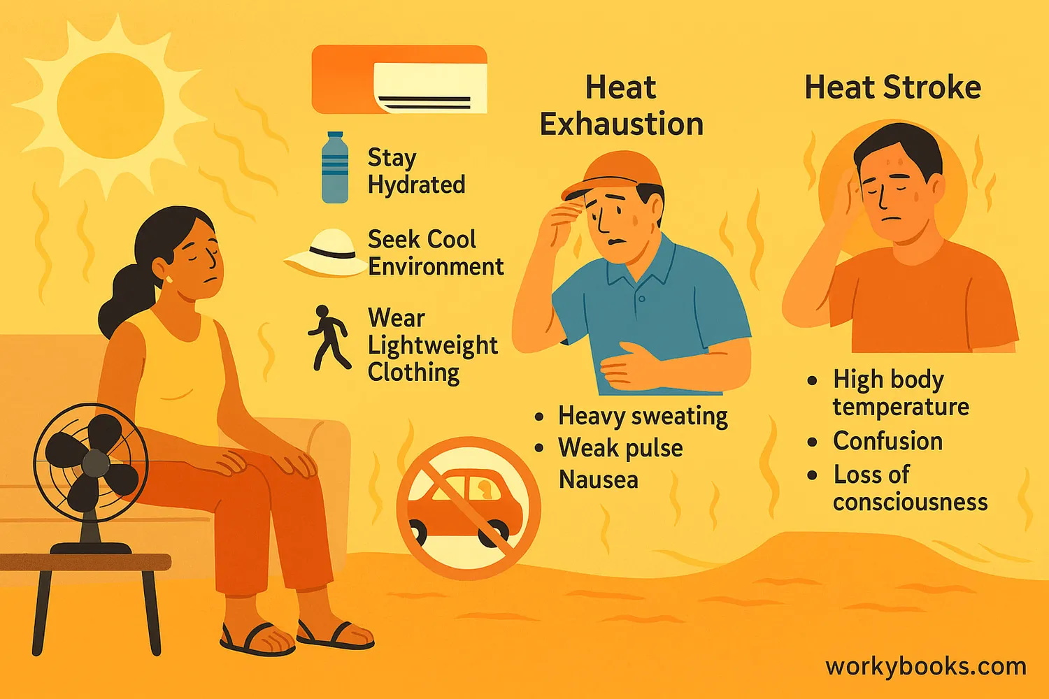 A wide infographic showing heatwave risks, safety tips, and “workybooks.com” at bottom-right.