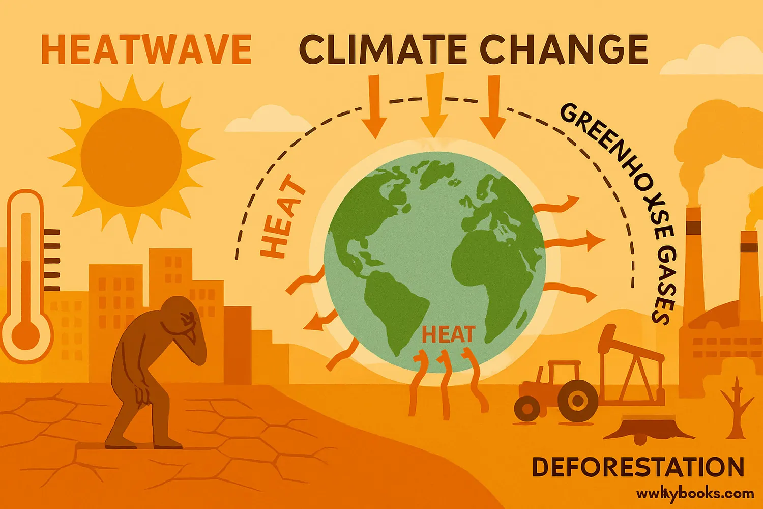 Wide climate-change scene: heatwave city, greenhouse-effect Earth, emissions sources, deforestation.