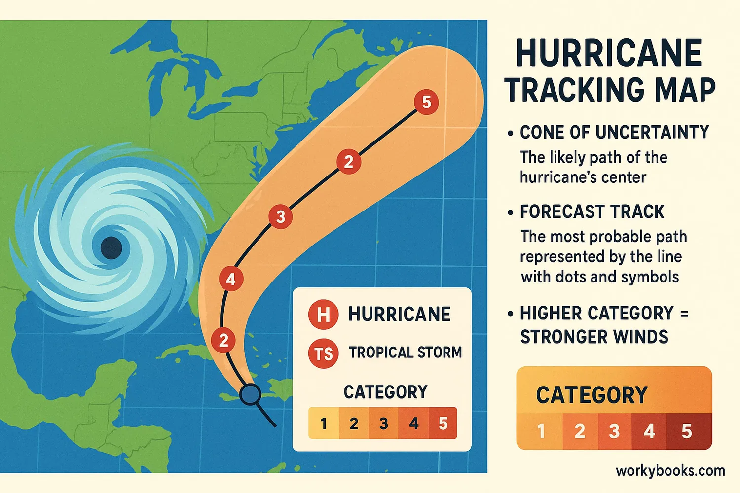 Student-friendly hurricane tracking map with cone of uncertainty and hazard zones.