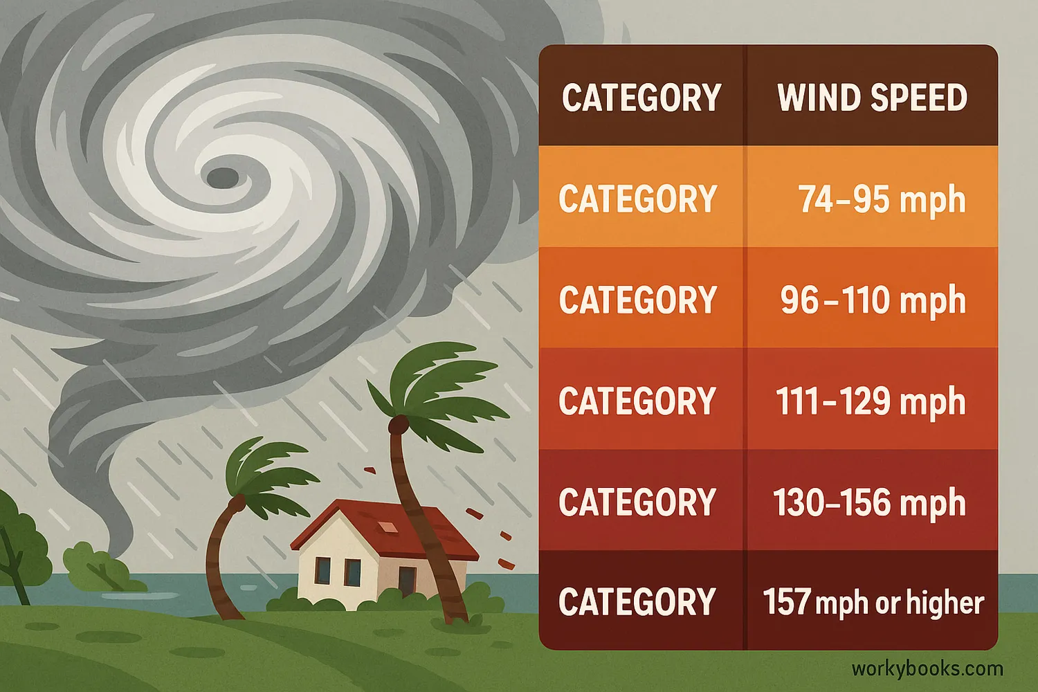 Wide graphic showing a swirling hurricane and five colored category bars with speeds.  Image Caption: Visual guide of the Saffir-Simpson scale’s five hurricane categories by wind speed.  More to explore: - The role of storm surge and rainfall in hurricane impacts - How meteorologists measure sustained wind speeds - Historical Category 5 hurricanes and their lessons for preparedness