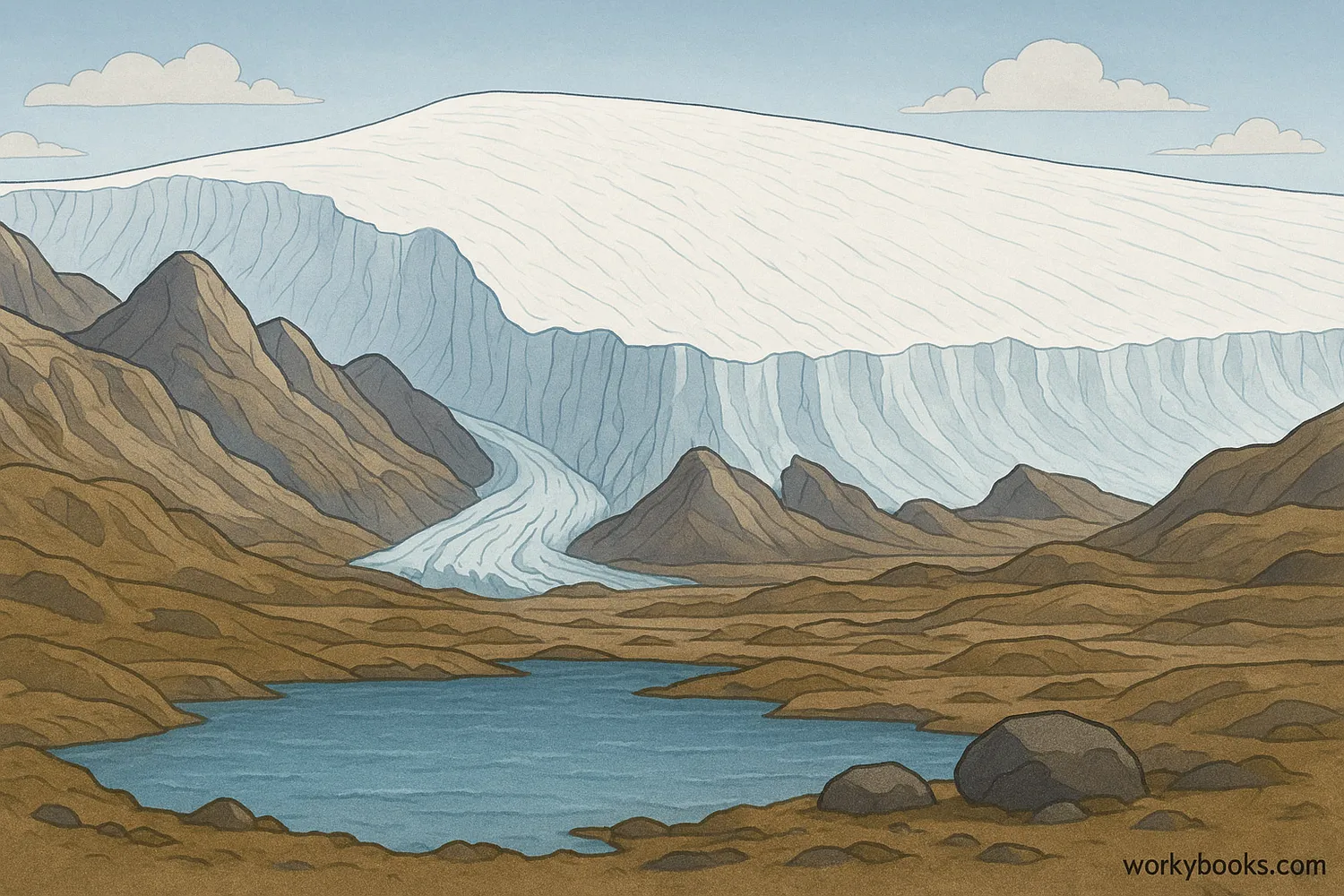 Vast ice sheets cover mountainous landscapes, glacial lake in foreground, scientists researching cores