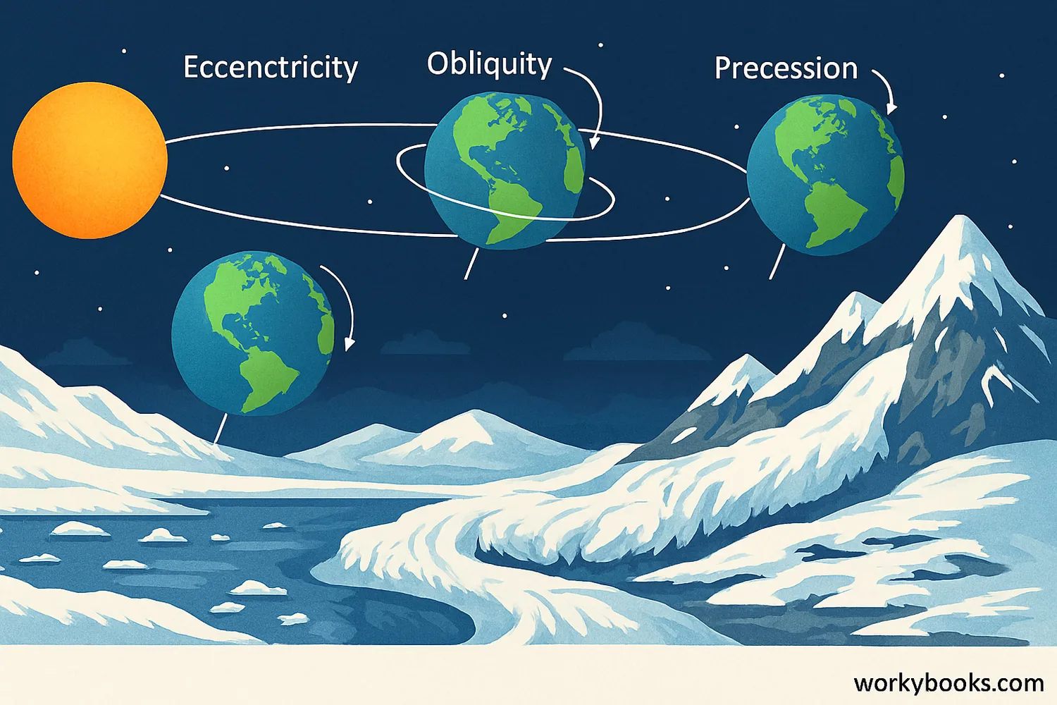 Ice Age glaciers and orbital cycles with volcanoes, greenhouse gases, and seasonal sunlight shifts.
