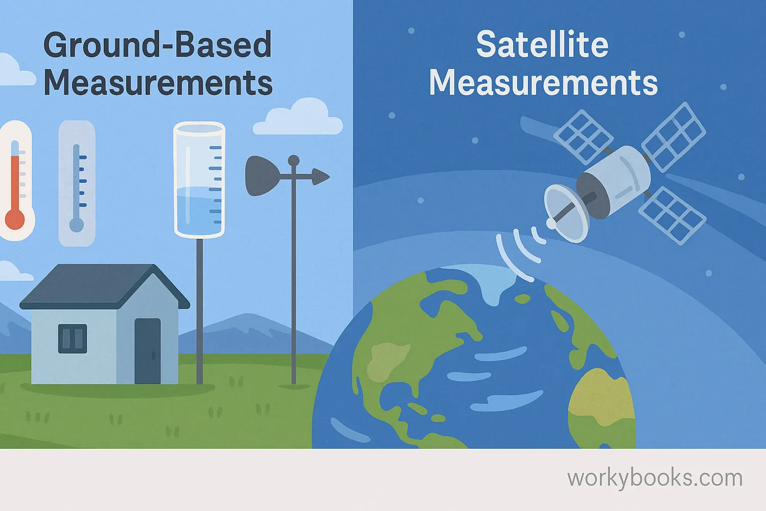 Ground station with instruments on left, satellite orbiting Earth on right.