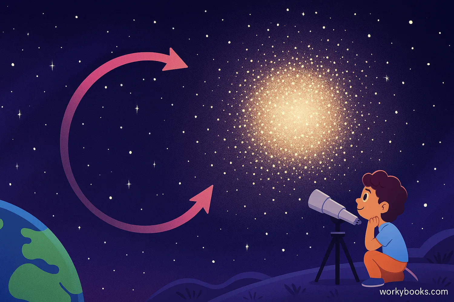 Dense star cluster glowing in space, with gravity visualized and child observing through telescope.
