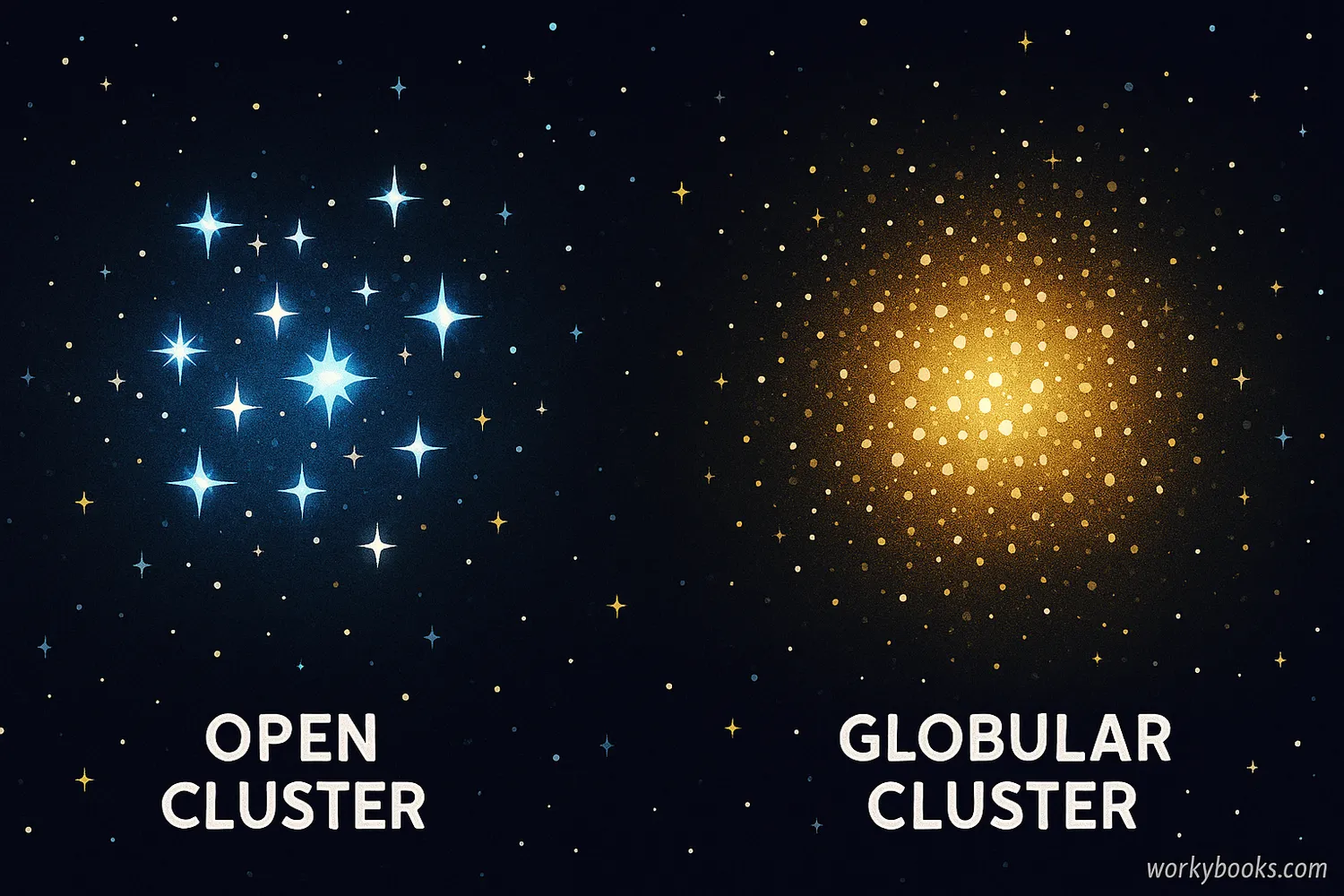 Open and globular star clusters shown in galaxy regions with blue and red stars.