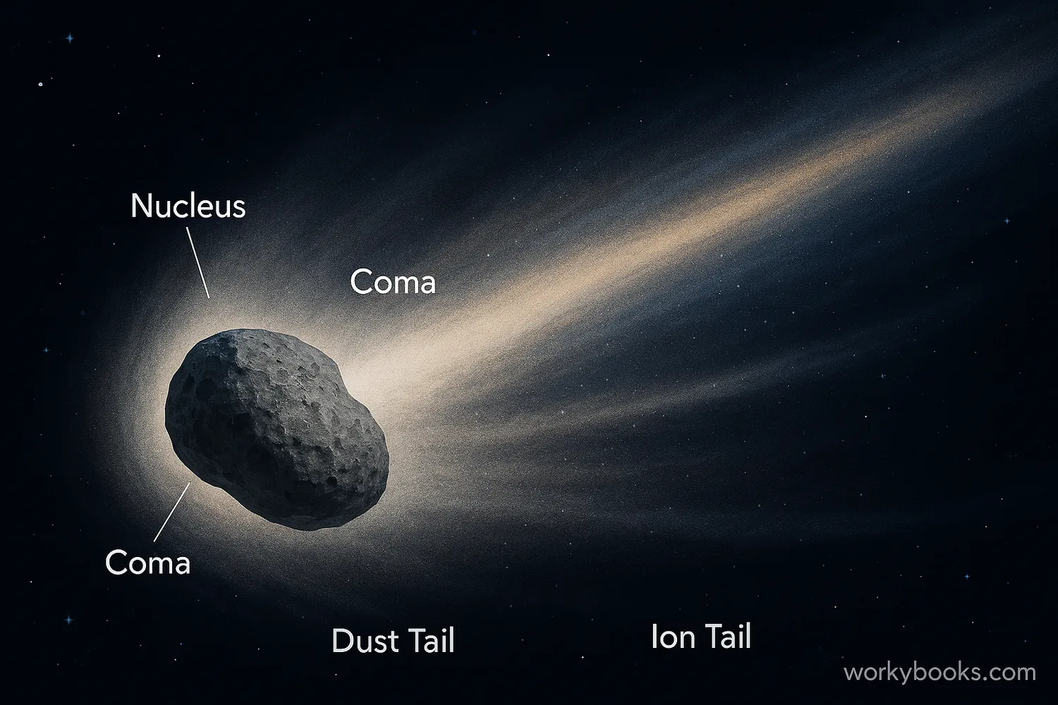Halley's Comet with labeled nucleus, coma, dust tail, and ion tail in space.