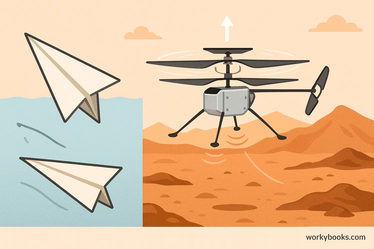 Ingenuity helicopter flies on Mars; paper airplane sinks in water to show flight challenges.