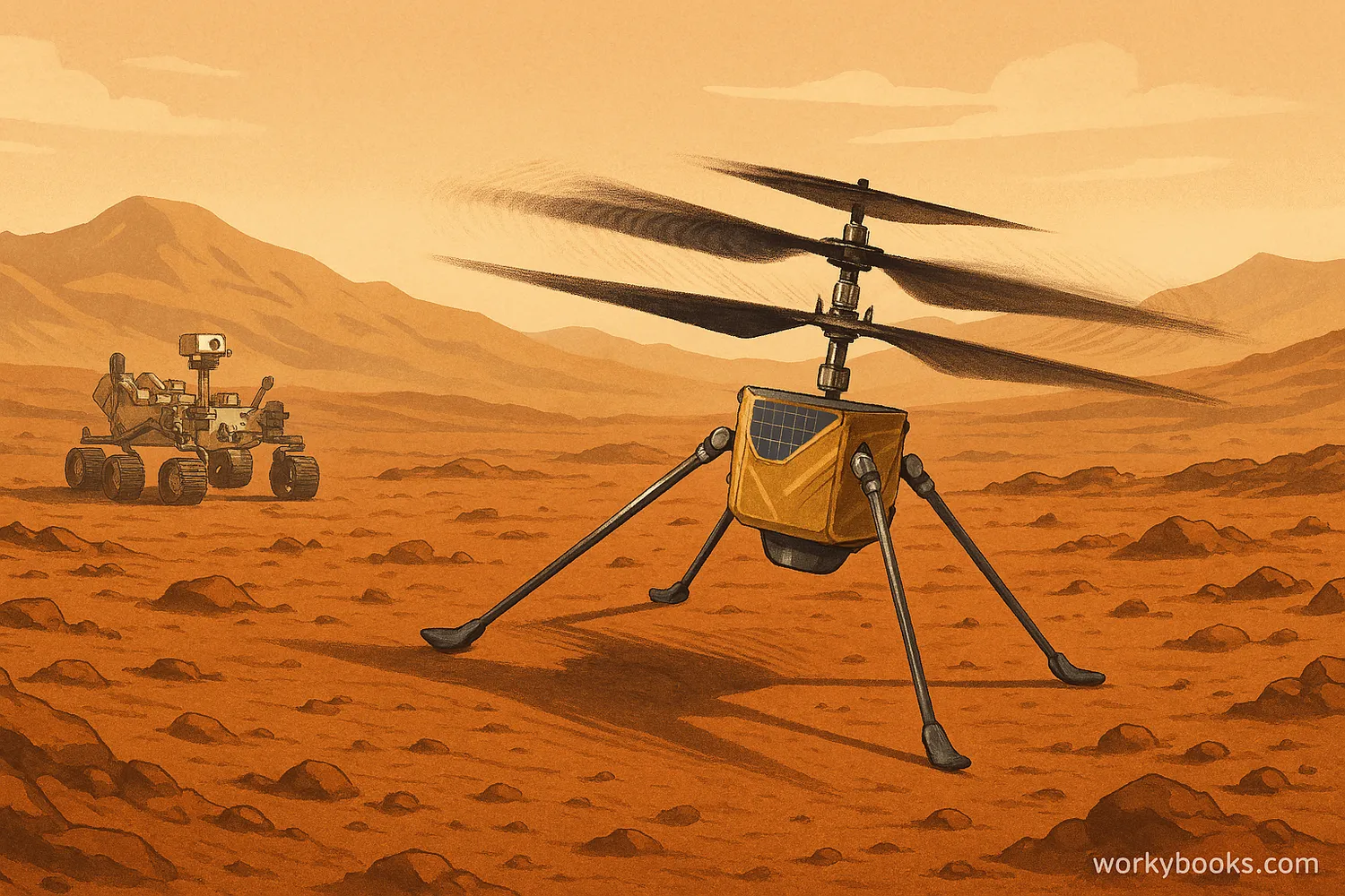 Ingenuity helicopter scouts Mars terrain with Perseverance rover below under thin Martian atmosphere.