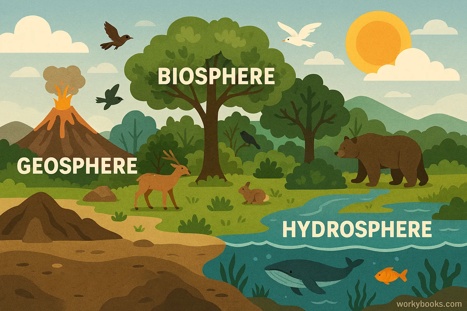 Wide illustration of biosphere interacting with geosphere, hydrosphere, and atmosphere.