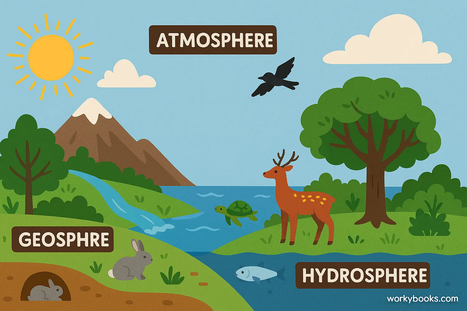 Earth’s biosphere interacting with geosphere, hydrosphere, and atmosphere in a vibrant landscape.