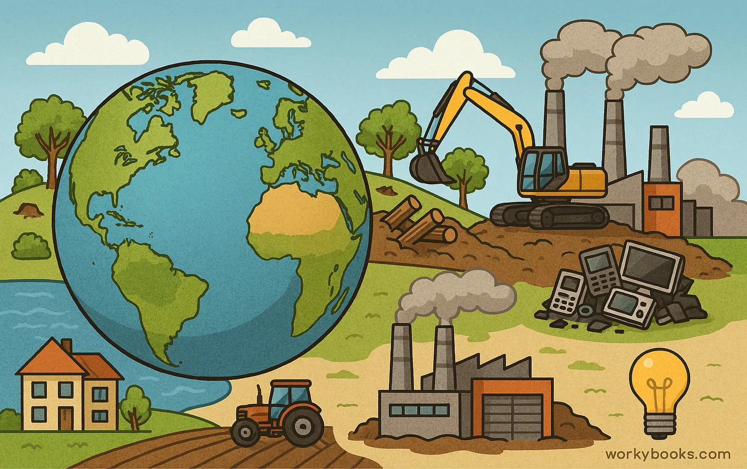 Earth with surrounding images illustrating the human impact on the biosphere.