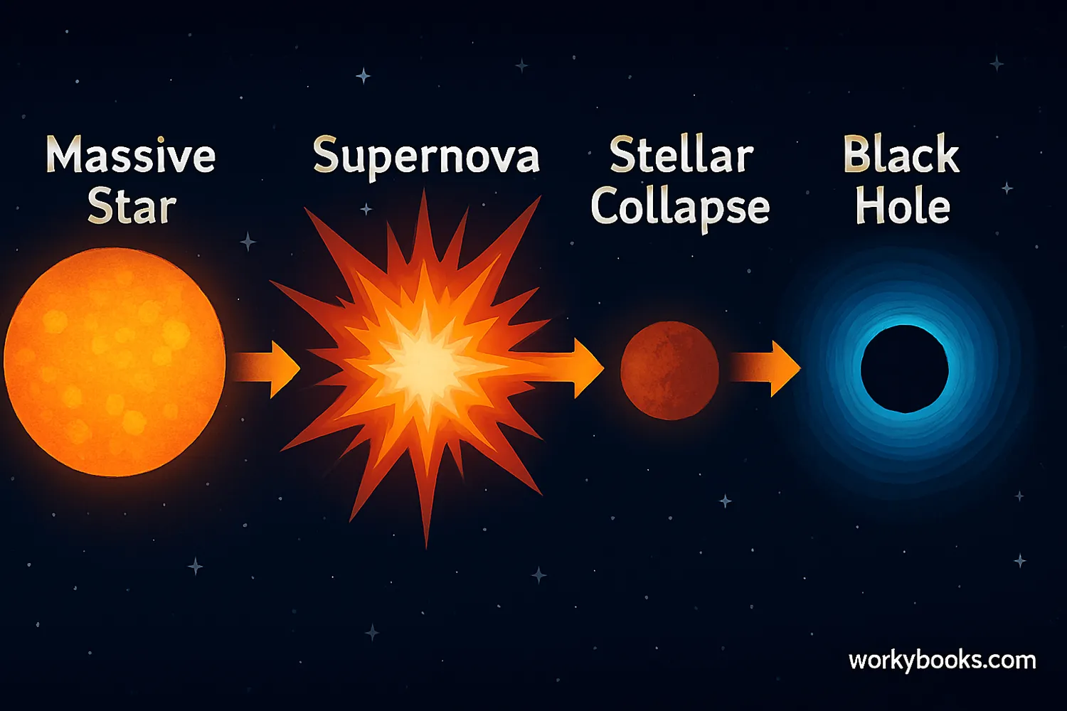 Massive star burns fuel before supernova in black hole formation sequence.