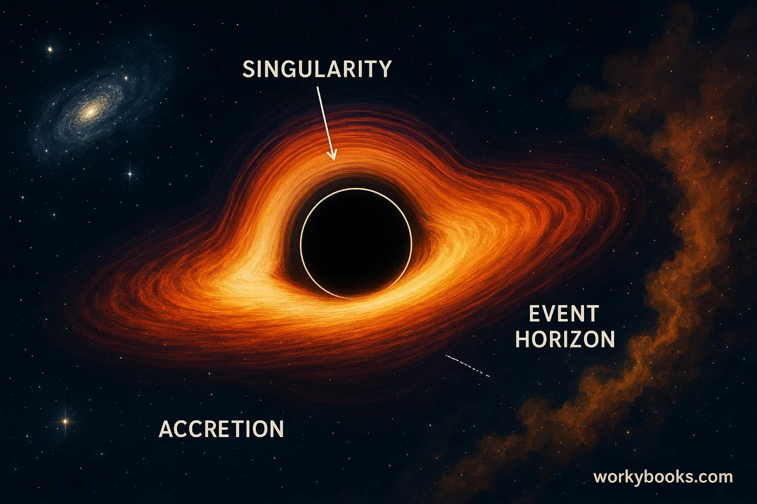 Educational drawing of star collapse into black hole with accretion disk, event horizon, and galaxy center.