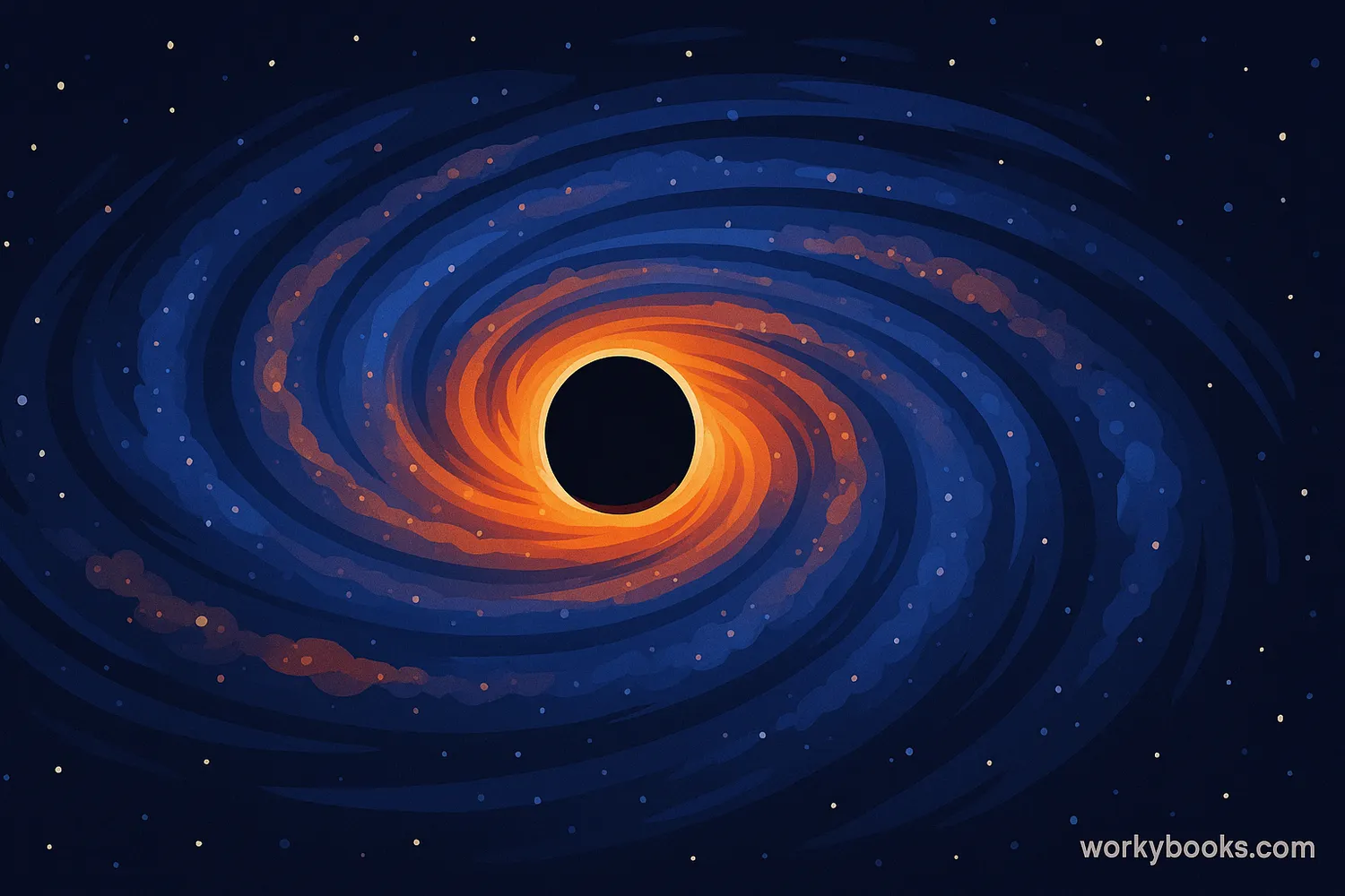 Supermassive black hole at galaxy center with orbiting stars and labeled features.