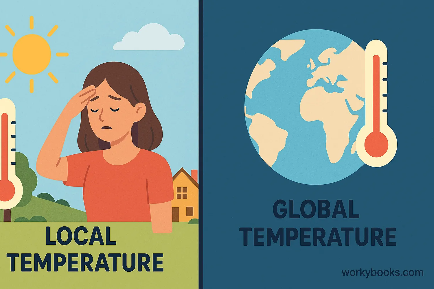 Split scene showing local weather and global climate with thermometers and Earth map.