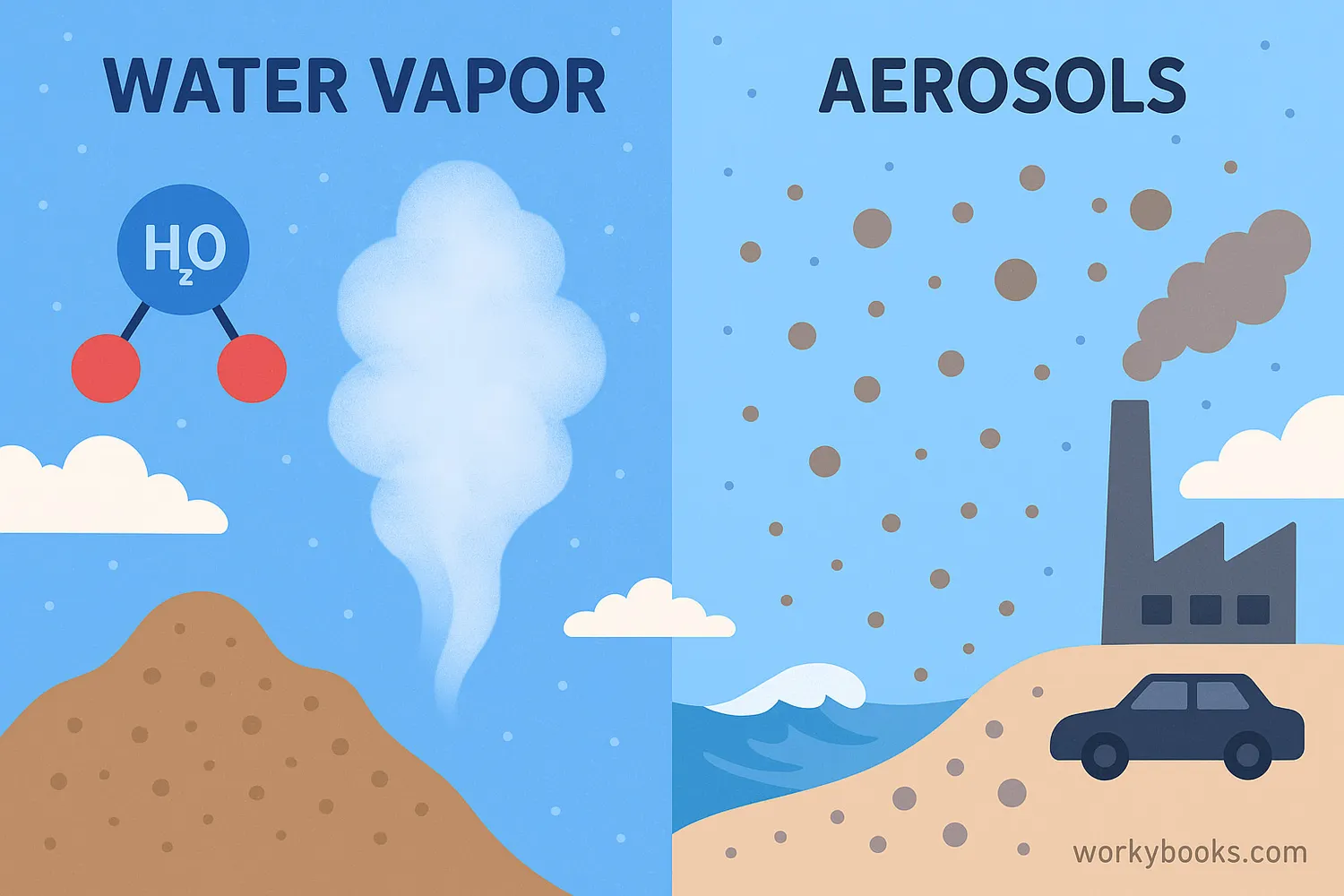 Comparison of water vapor molecules and aerosols in the atmosphere.