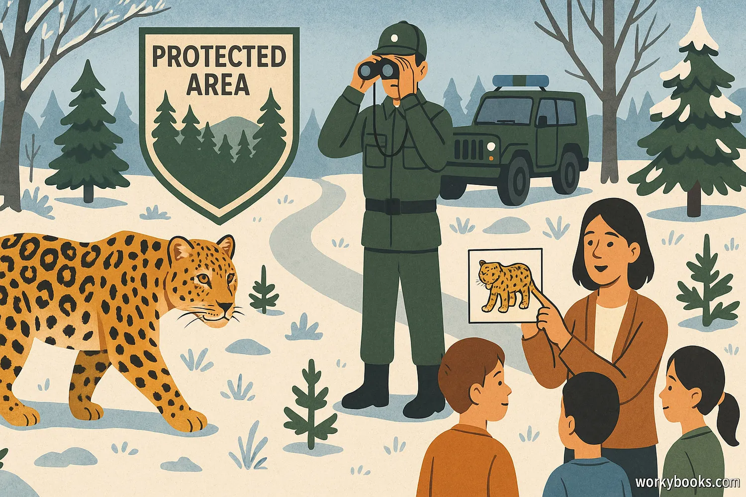 Amur leopard in snowy forest with patrol and conservation education.