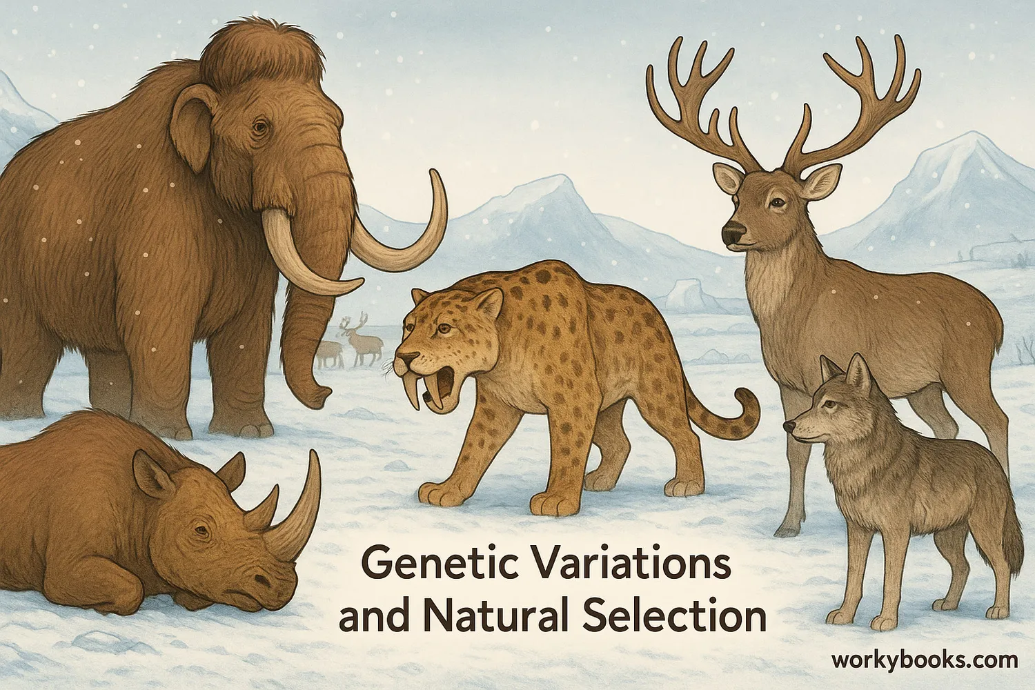 Ice Age animals with adaptations for survival in a snowy, frozen landscape.