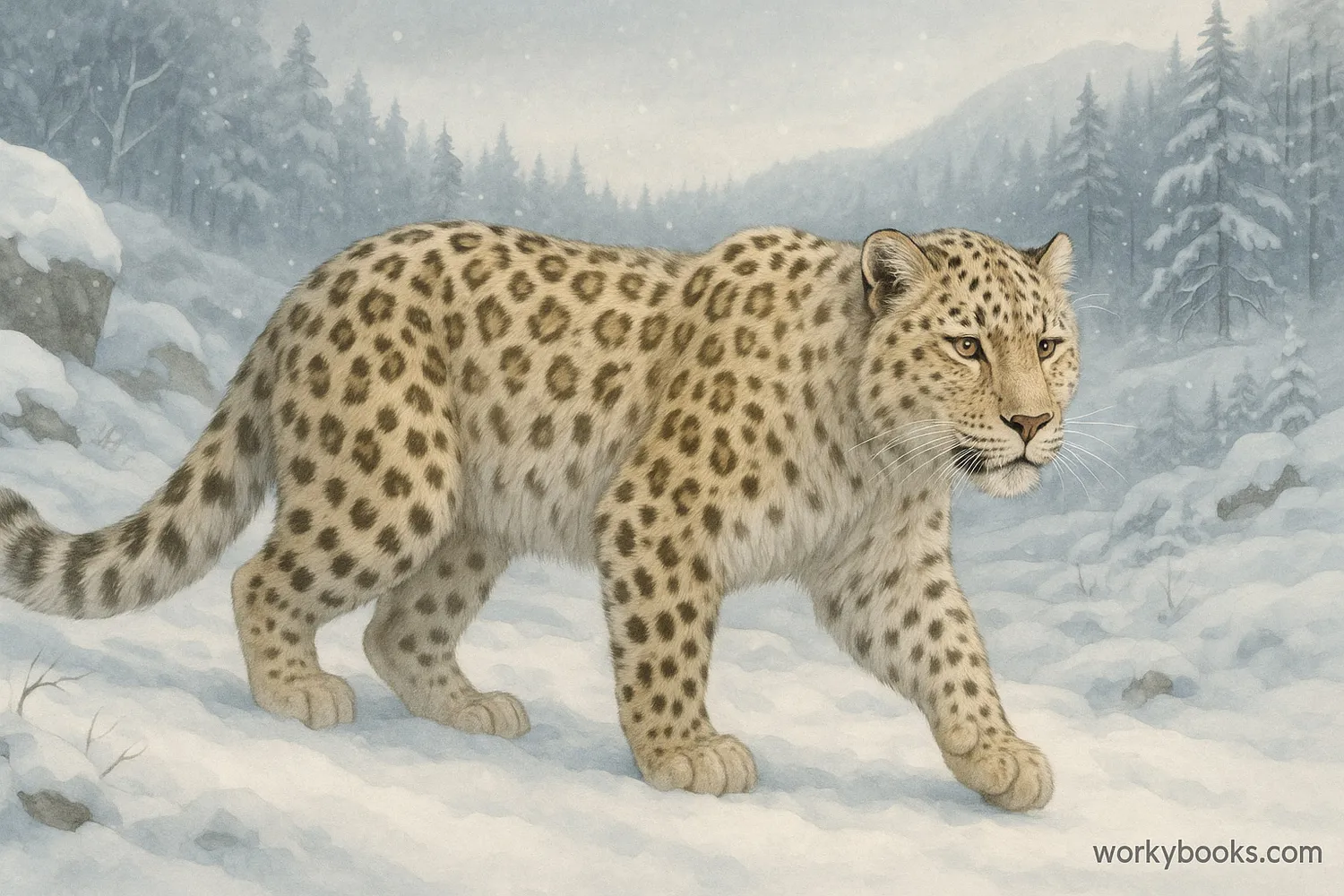 Amur leopard walking through snowy forest with thick spotted fur for camouflage.