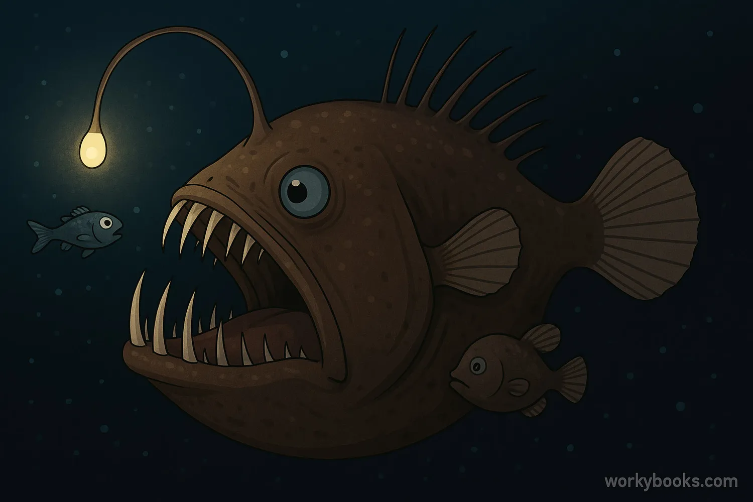 Female anglerfish with glowing lure, sharp teeth, and attached smaller male in deep sea.