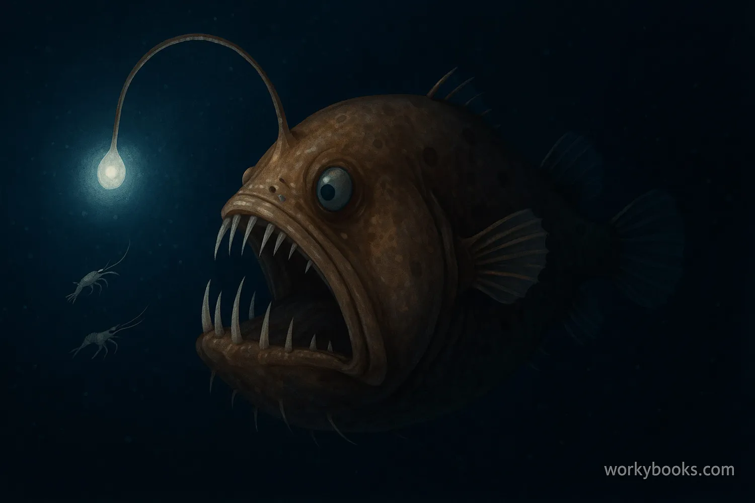 Anglerfish with glowing lure attracting prey in the deep ocean.