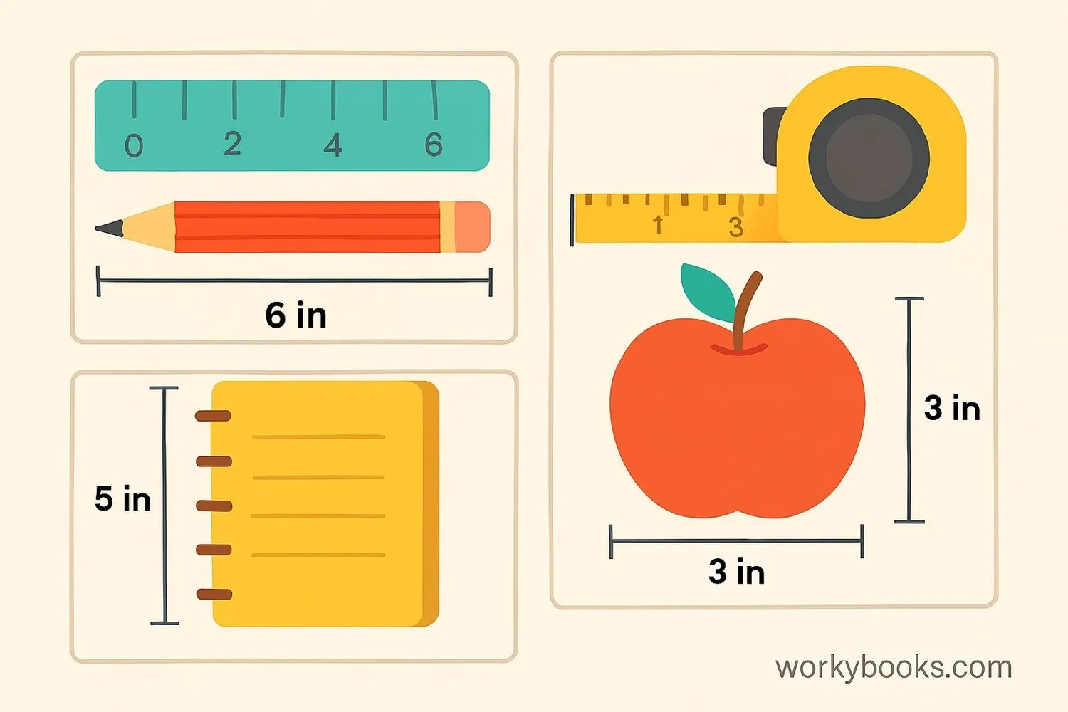Visual showing different objects being measured with rulers and tape measures