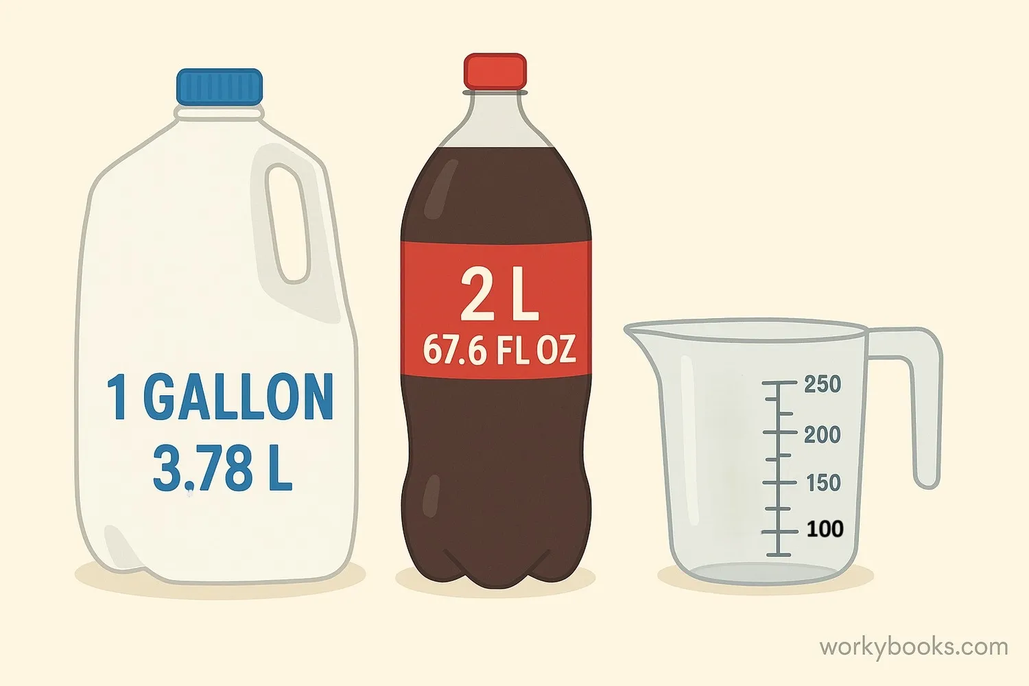 Everyday containers like milk jugs, soda bottles, and measuring cups with measurements in both customary and metric units