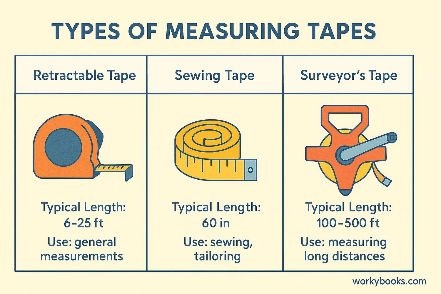 Comparison of different measuring tape types with their common uses
