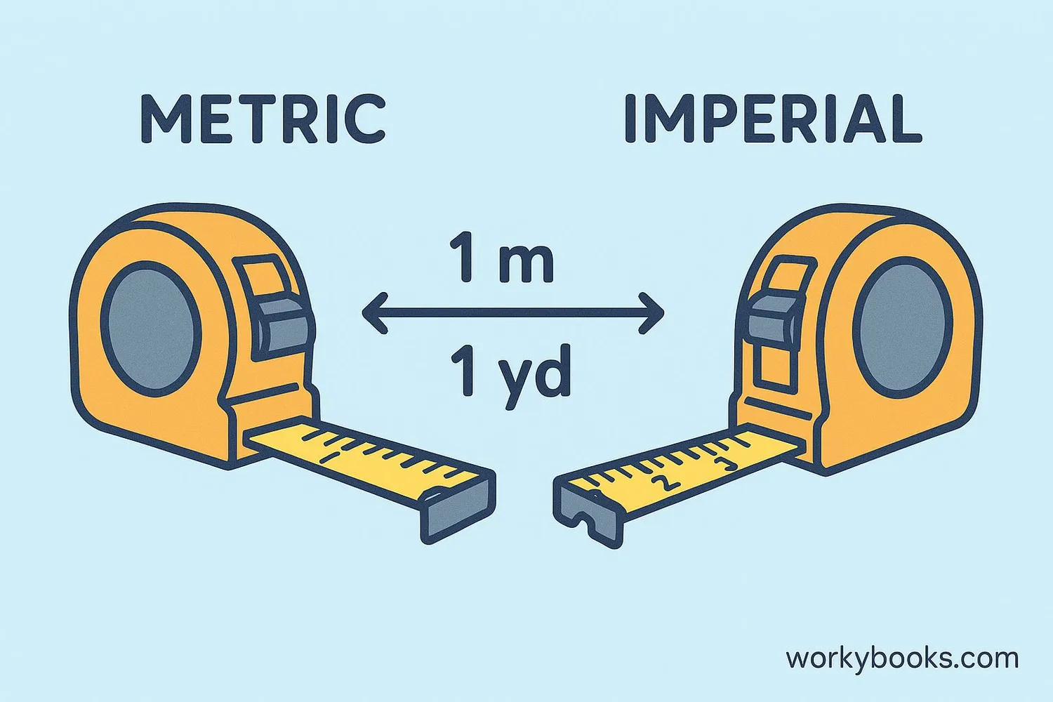 Visual comparison of metric and imperial measuring tapes showing meters and yards