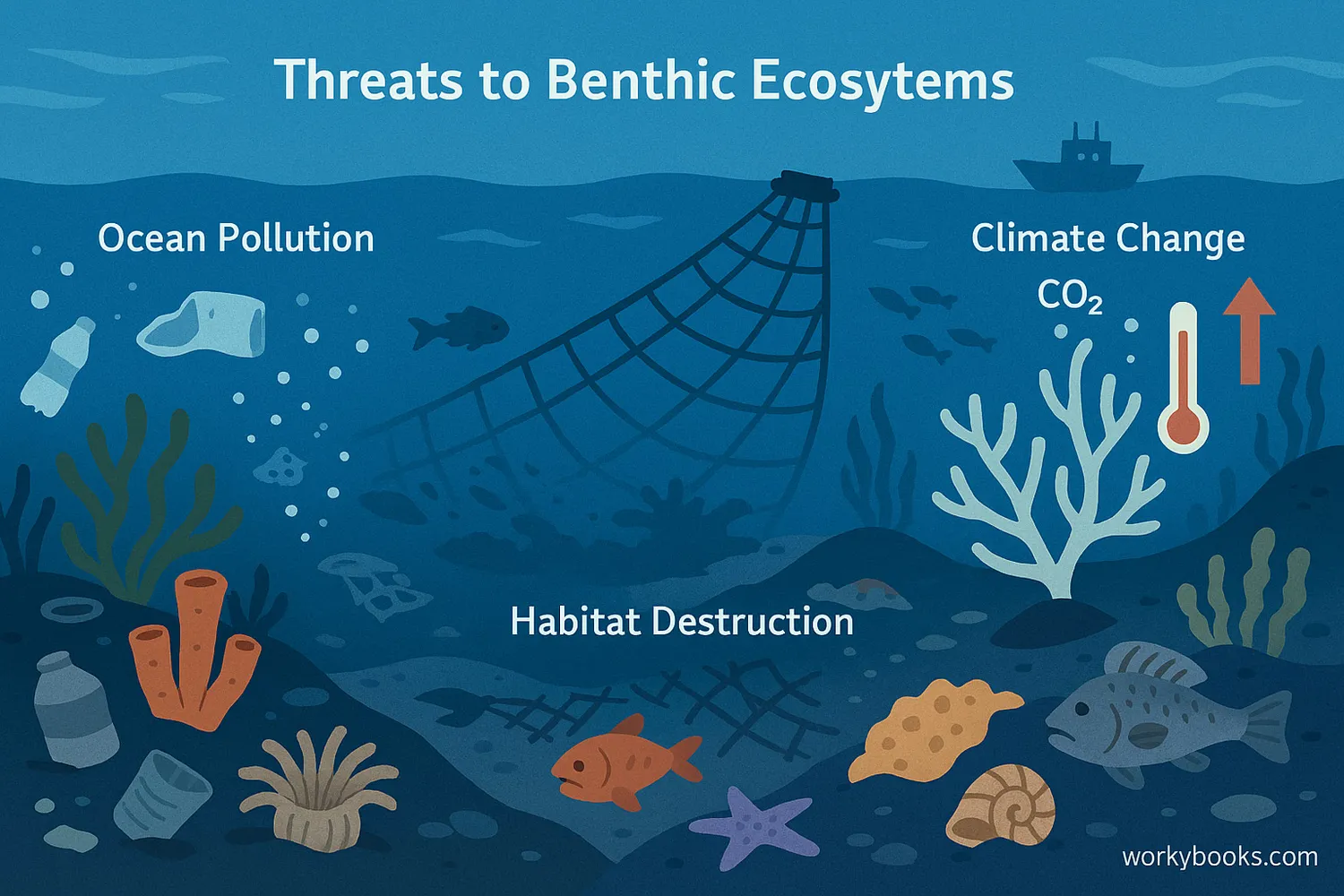 Benthic zone showing pollution, habitat destruction, and climate change impacts on marine life.