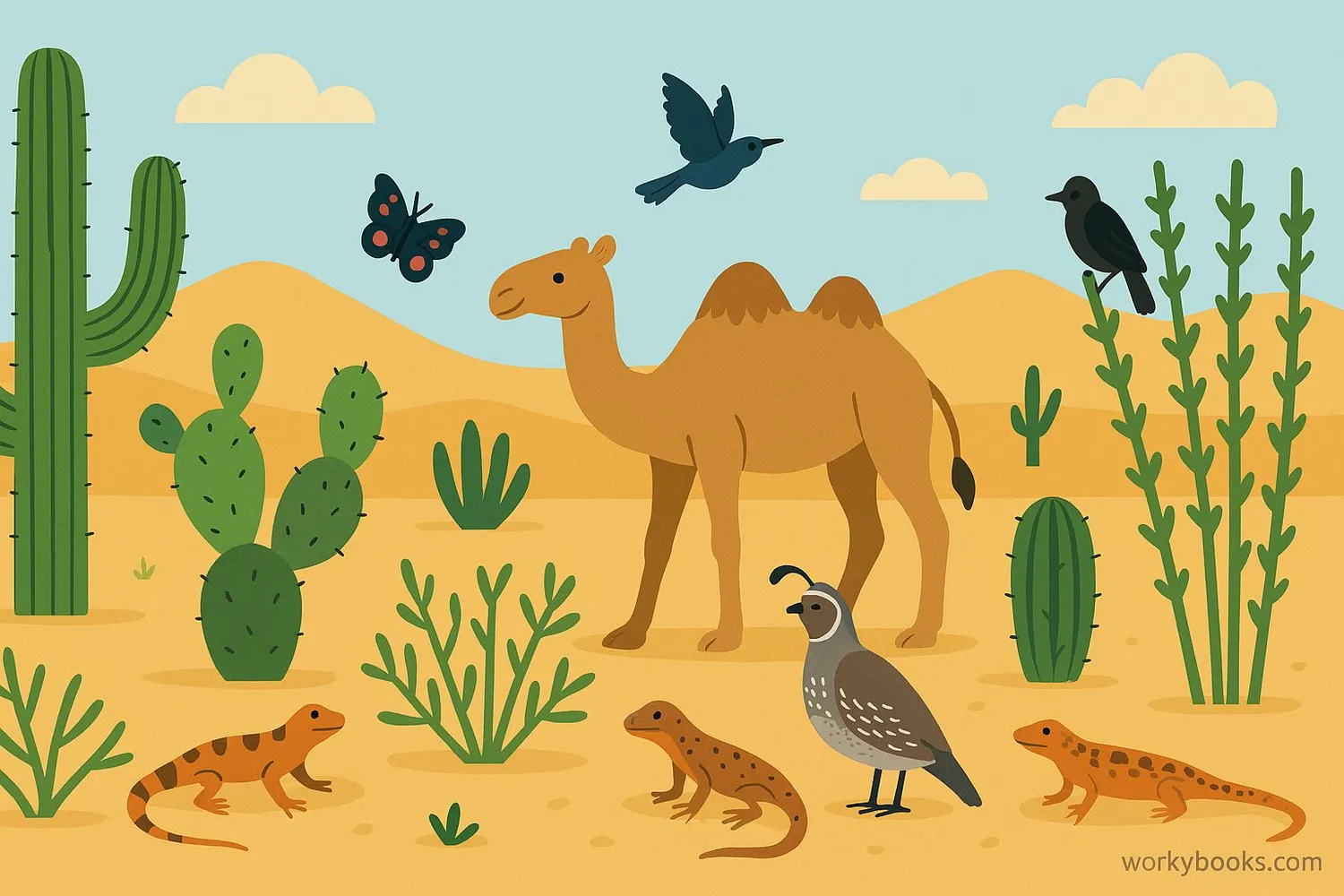 Illustration showing various desert plants and animals