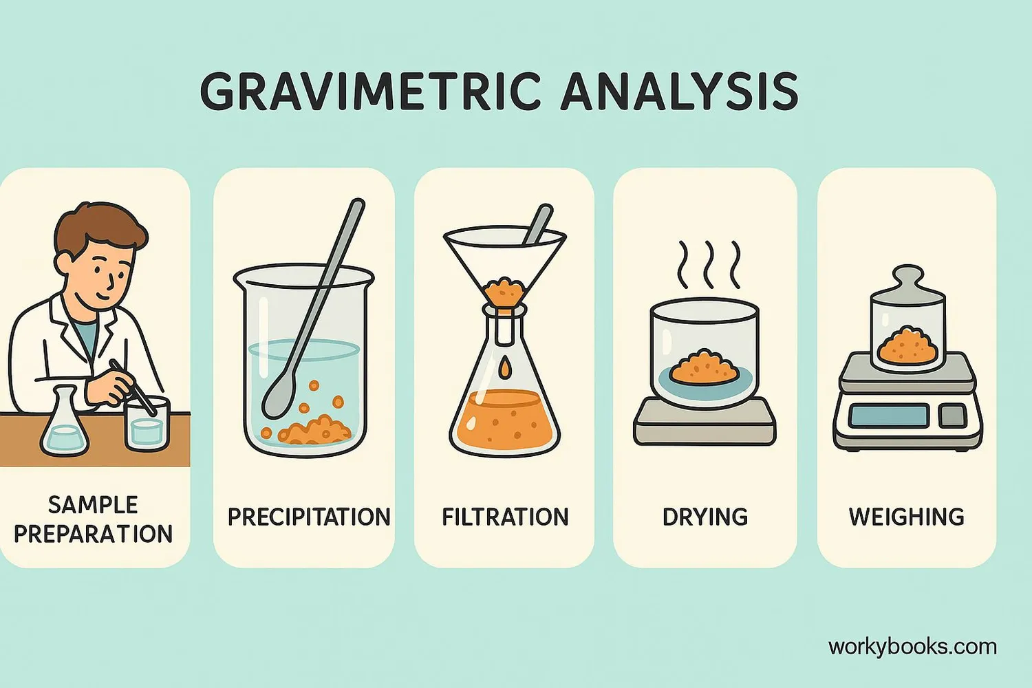 Diagram showing the steps of gravimetric analysis: