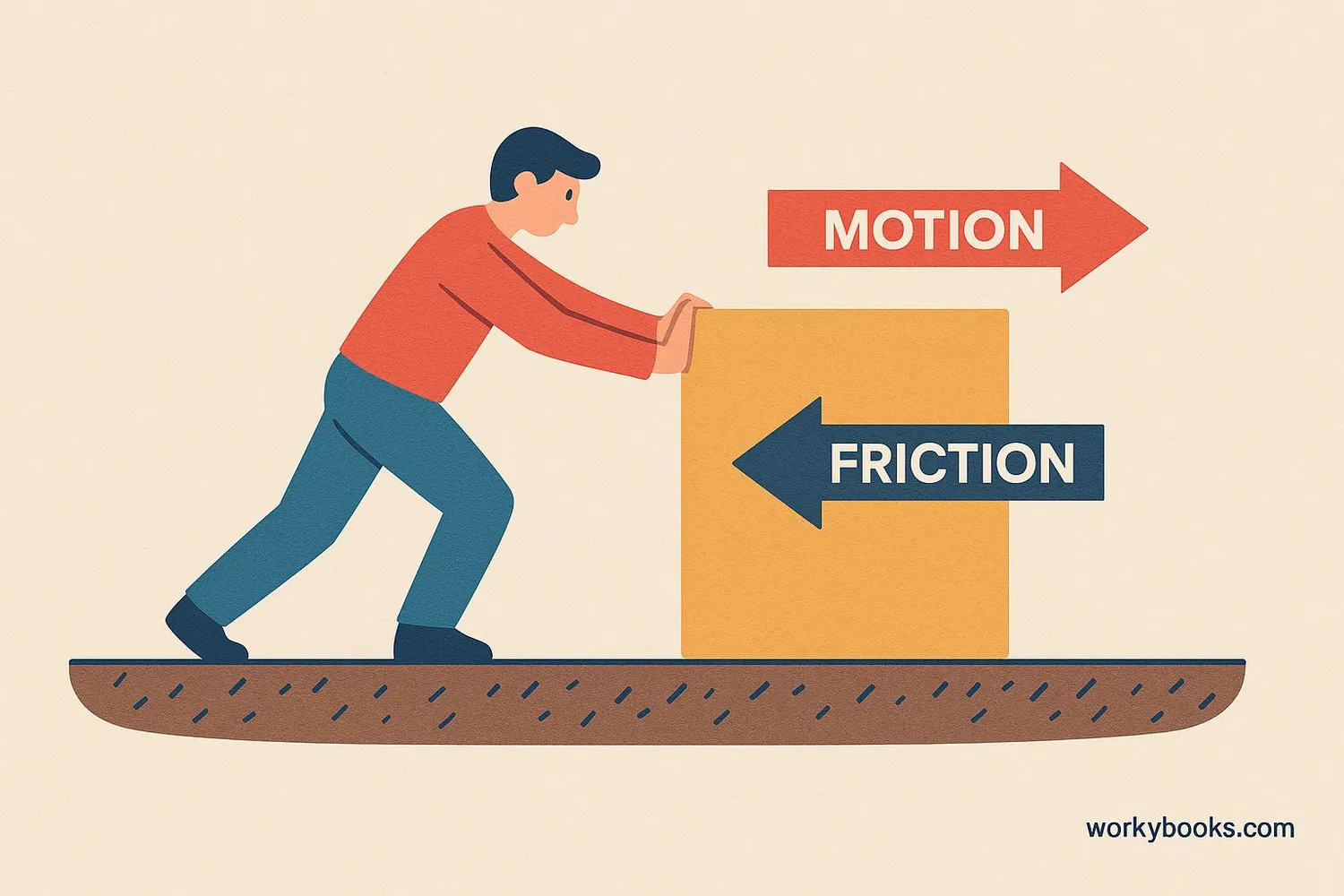 Visual representation of kinetic friction showing a box being pushed across a surface with friction arrows