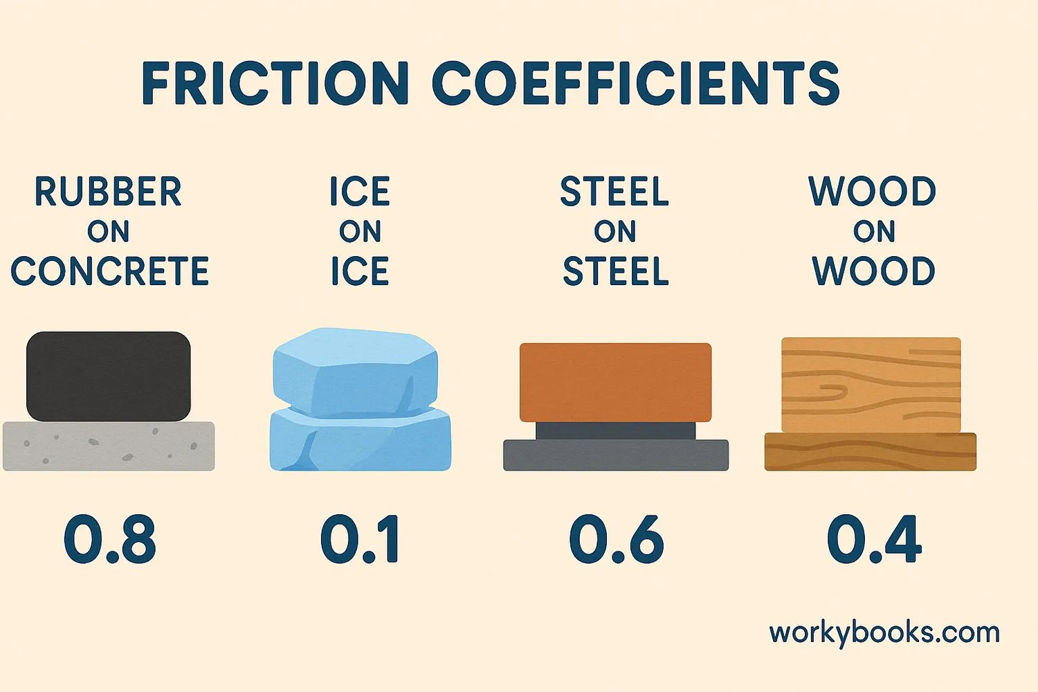 Comparison table showing different coefficients of friction for various material combinations