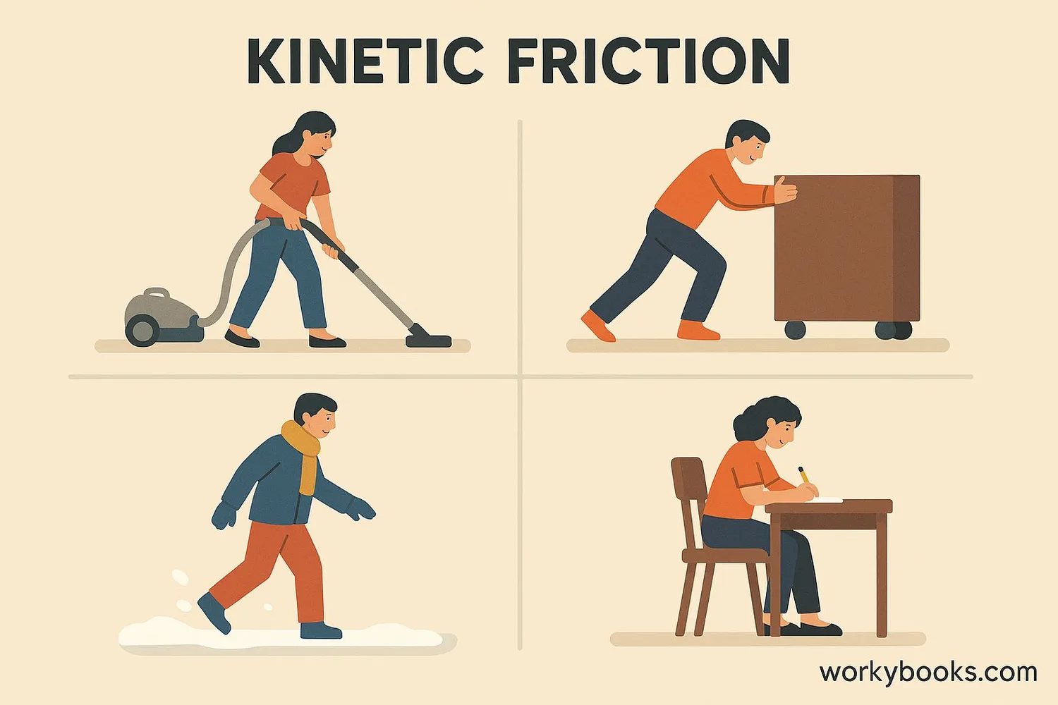 Collage of real-world examples of kinetic friction including brakes, sliding, and writing
