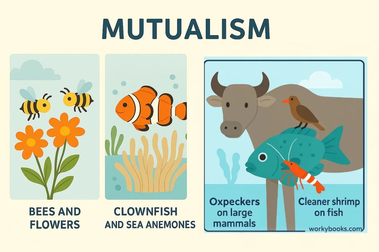 Illustration showing various mutualism examples