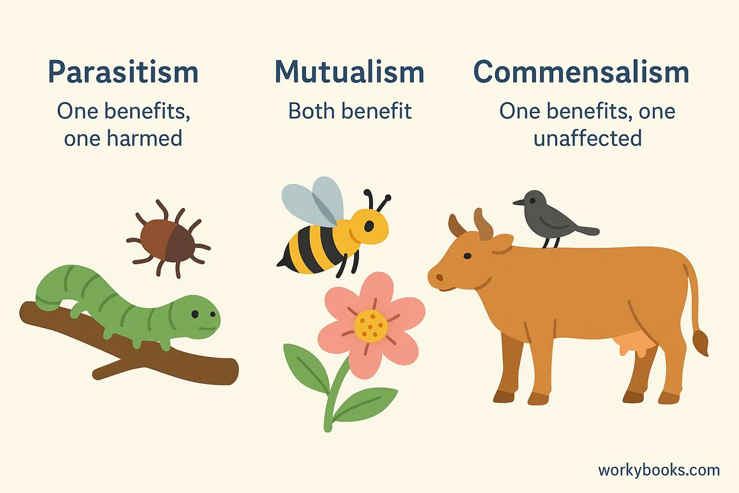 comparison diagram showing parasitism (one benefits, one harmed), mutualism (both benefit), and commensalism (one benefits, one unaffected).