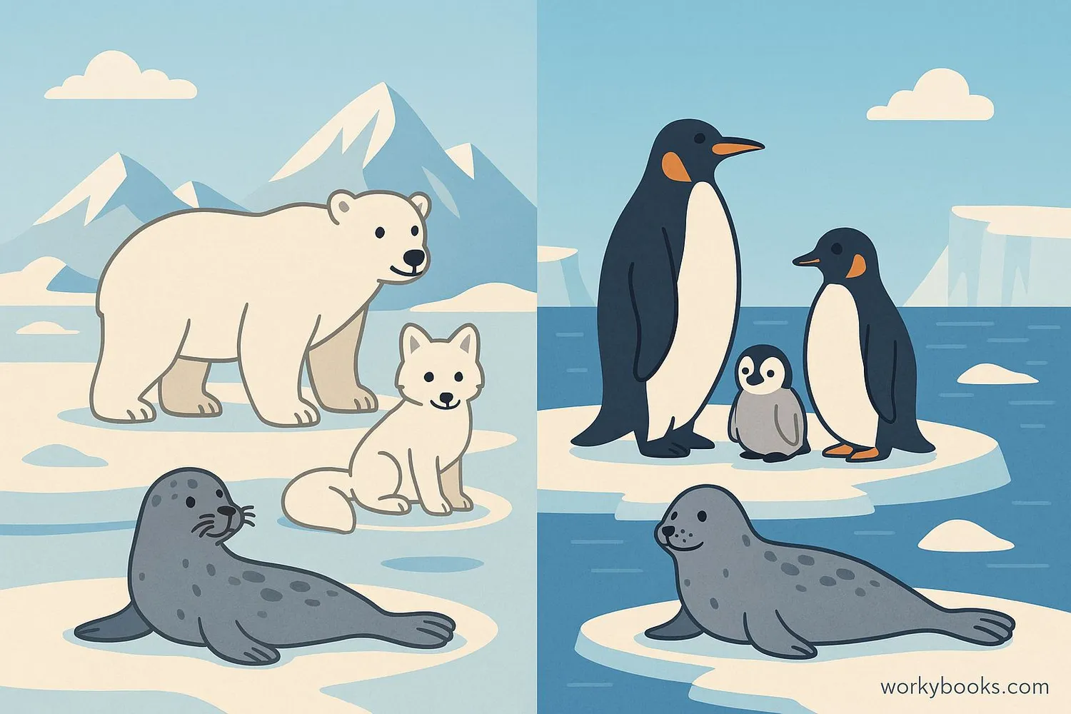 Polar ecosystem with animals like polar bears, penguins, seals, and arctic foxes