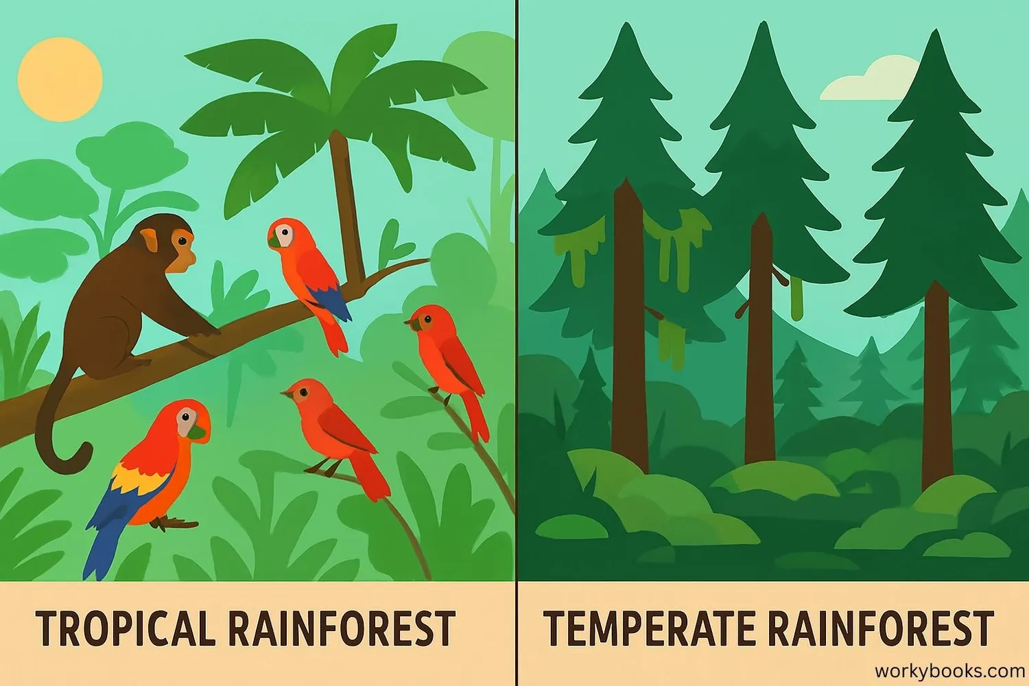 Comparison image showing tropical and temperate rainforests