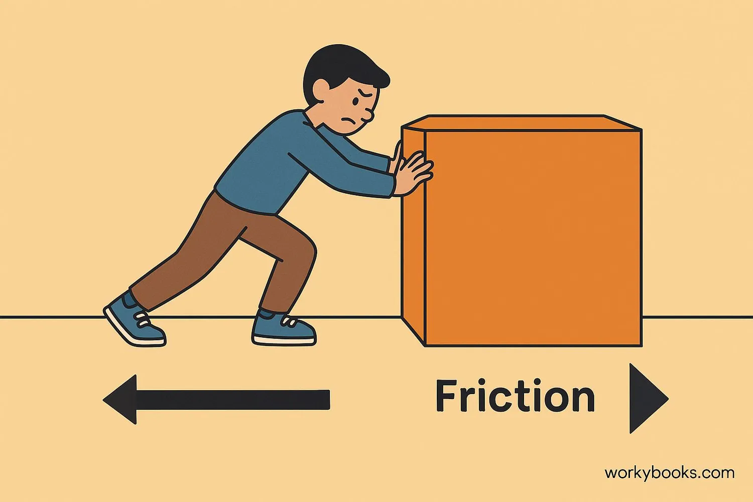 illustration showing a person trying to push a heavy box that doesn't move, with arrows indicating friction forces between the box and floor