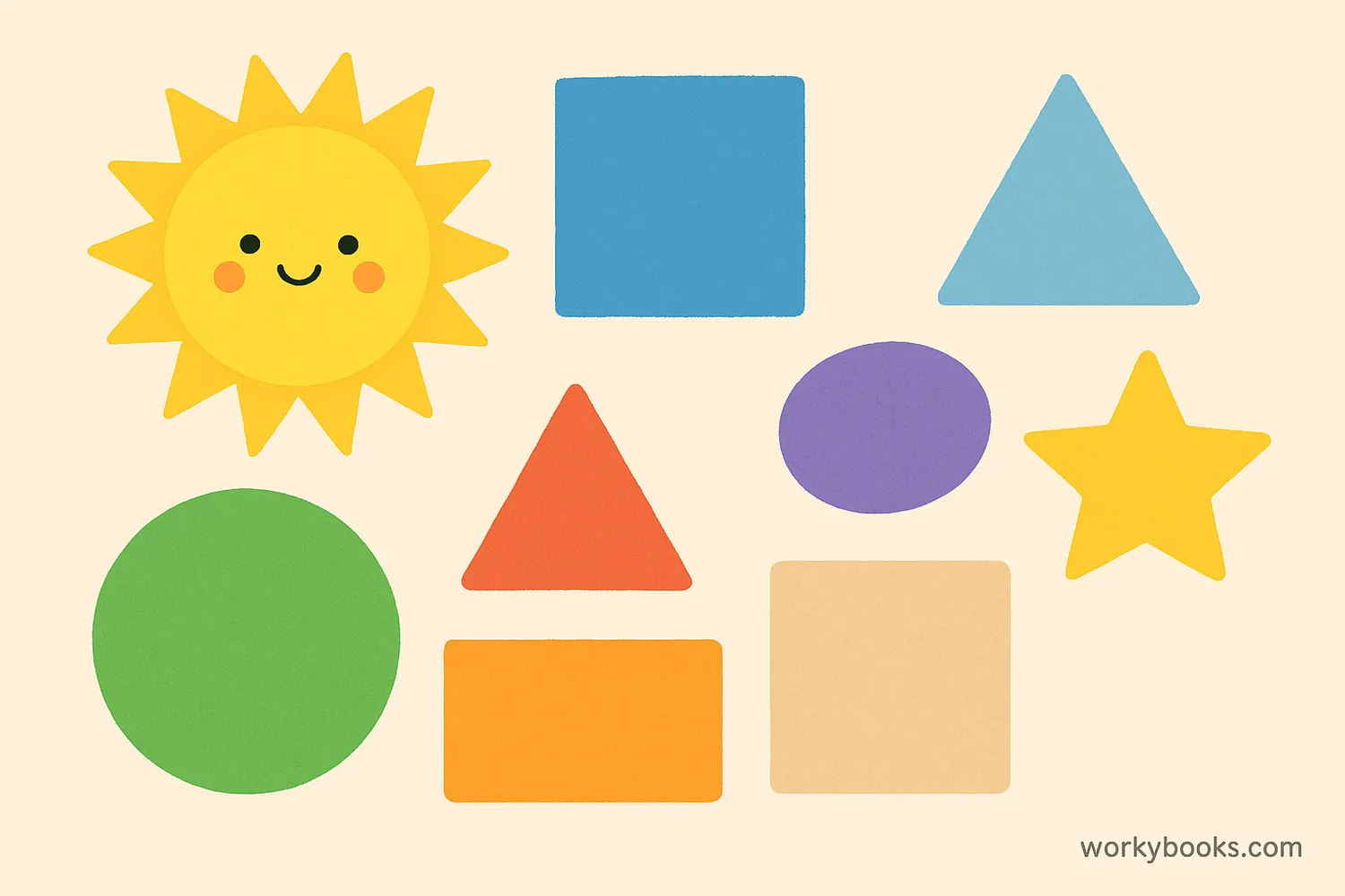 Various 2D shapes on a flat surface with a smiling sun